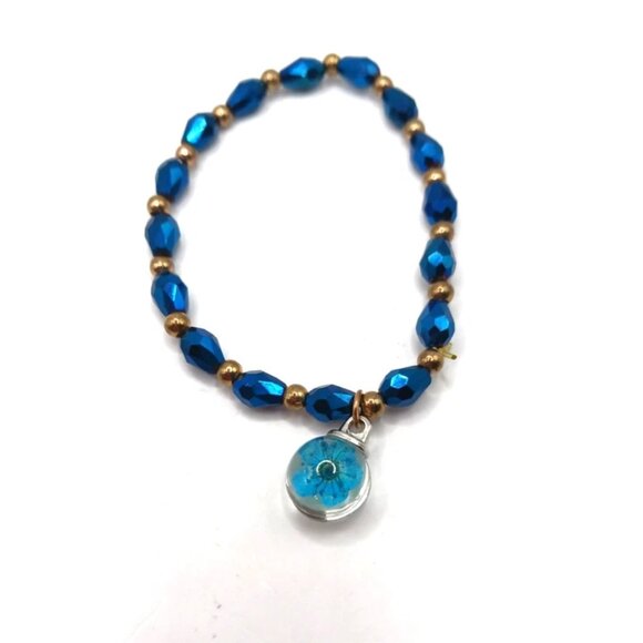 Blue + Gold Beaded Flower Stretch Stretchy Bracelet - Picture 7 of 9